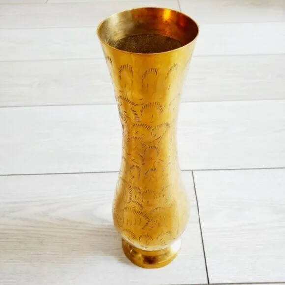 Art Deco 50s Vintage Vase Handmade Etched floral ornaments Solid Brass - Picture 2 of 8